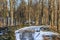 Beautiful autumn snow covered Caucasus mountain forest with bare beech trees at sunset with vanishing rural forest lane. Scenic