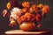 Beautiful autumn still life with blooming bouquet of red and yellow flowers blossom. Flowering plant and pumpkins