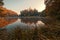 Beautiful autumn sunrise scenery of TrakoÅ¡Ä‡an Castle on the hill reflected in the lake in Croatia, county hrvatsko zagorje