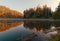 Beautiful autumn sunrise scenery of TrakoÅ¡Ä‡an Castle on the hill reflected in the lake in Croatia, county hrvatsko zagorje