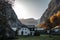 Beautiful autumn sunset in the Hallstatt valley, Austrian mountain sunset in autumn