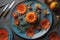 Beautiful autumn table setting with flowers and cutlery, top view. generative ai