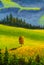 Beautiful autumn tree on hill in mountains painting on canvas. Sunny autumn landscape