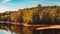 Beautiful autumn view of the iron mine lake colored red at Bad Muskau Park, Poland site