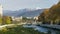 Beautiful autumn view of Sochi river, embankment with big American Sycamore Tree Platanus occidentalis