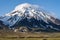 Beautiful autumn volcanic landscape - view of snow-capped cone of stratovolcano Bolshaya Udina Volcano in Klyuchevskaya