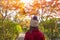 Beautiful autumn woman with autumn leaves on fall nature background, Autumn girl standing backwards and watching nature.