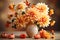 Beautiful autumnal bouquet with dahlia in vase on table