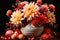 Beautiful autumnal bouquet with dahlia in vase on table