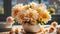 Beautiful autumnal bouquet with dahlia in vase on table