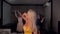 Beautiful awesome attractive young blondie lady dancing in yellow bright dress