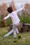 Beautiful baby boy with child soap bubbles posing photographer for cool photo