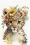 Beautiful baby face portrait leopard with flowers crown on white background. Art design, portrait. Beautiful