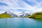 Beautiful Bachalpsee in the Swiss Alps photographed with famous mountain peaks Eiger, Jungfrau, and Monch. Lake and Alpine