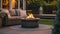 Beautiful backyard firepit at dusk with comfortable chairs