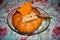 Beautiful baked pumpkin in the oven with rice nuts.