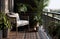 Beautiful balcony or terrace with wooden floor, chair, green potted flowers plants. Stylish balcony home terrace with