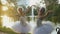 Beautiful ballerinas performs a dance at the sunset background