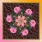 Beautiful bandana print with wreath of pink rose flowers, golden snowflake mandala and decorative frame in vector