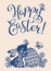 Beautiful banner with calligraphy text Happy easter and silhouette of cute bunny with egg. Vector illustration of hare