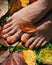 Beautiful bare woman feet close up. Orange pedicure on the autumn background. Yellow and red fallen leaves.