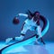 Beautiful basketball player with long fluid flood on gradient background. Negative space to insert your text. Modern