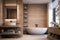 A beautiful bathroom with a generously sized white bathtub located adjacent to a sink., Modern farhmouse decor bathroom with wood