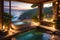 A beautiful bathroom in an open space with nature view and a large body of water