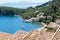 Beautiful bay with beach in Kalami village, Corfu island, Greece. Panoramic top view of beautiful mediterranean landmark