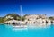 Beautiful bay in Mediterranean sea with sailing boat, Menorca island, Spain. Yachting, travel and active lifestyle concept