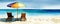 Beautiful beach banner. White sand, chairs and umbrella travel tourism wide panorama background concept. generative ai. Amazing