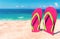Beautiful beach. Beach sandals on the sandy coast. Summer holiday and vacation concept. Tropical beach.