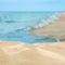 Beautiful beach with golden sand near ocean, closeup