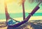 Beautiful beach. Hammock between two palm trees on the beach. Holiday and vacation concept. Tropical beach. Beautiful tropical isl