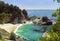 Beautiful beach and McWay Falls on the Big Sur, California USA in the summer on a sunny day