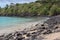 Beautiful beach with volcanic rocks and clear water in Sao Tome and Principe Island, in Africa