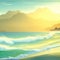 Beautiful beach with waves at sunset golden hour light digital art