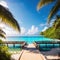 Beautiful beach with wooden jetty and green palm tree in Maldives island. Perfect tropical landscape, blue