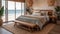 Beautiful bedroom. beachy decor set up on a sandy beach with palm trees. Generative AI