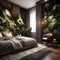 Beautiful bedroom with plants on the wall - ai generated image