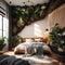 Beautiful bedroom with plants on the wall - ai generated image