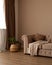 Beautiful beige textile sofa chesterfild in the interiors