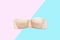 Beautiful Beige Underwear Isolated on Pink and Blue Pastel. Set of Accessory Lingerie Bikini, Copy Space. Woman is Lace