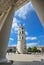 Beautiful Belfry and Vilnius Cathedral Basilica of Saints Stanislaus and Vladislaus and bright blue sky with clouds, Vilnius