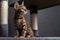 beautiful Bengal cat is playing on the scratching post