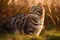 Beautiful bengal cat sitting on grass in sunset light.