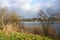 Beautiful Biesdorfer Baggersee lake surrounded by winter vegetation in January. Berlin, Germany