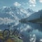 a beautiful bike on a beautiful and realistic landscape and mountains in between the lake