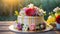 Beautiful birthday or wedding cake decorated with spring flowers. Delicious festive dessert