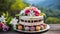 Beautiful birthday or wedding cake decorated with spring flowers. Delicious festive dessert